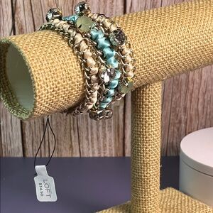 Elegant Beaded & Ribbon Bracelet Set - Cream and Teal